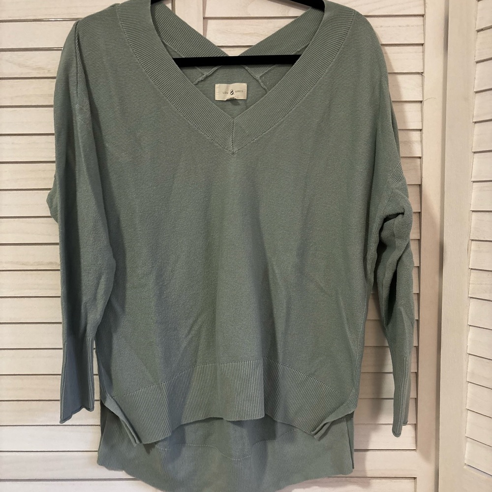 Lou & Grey Sage Green V-Neck Knot Sweater | Size Small